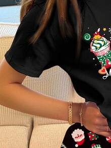 SHEIN Wesołych Świąt, nastoletnia dziewczyna z kreskówkowym Świętym Mikołajem, piernikowym ludzikiem, bałwanem, choinką, dzwonkami, cukrową laską, wzorem płatka śniegu, luźnym, swobodnym krojem, okrągłym dekoltem i krótkim rękawem, zestaw piżamowy, odpowiedni na wiosnę/lato