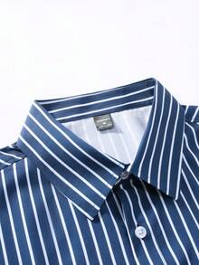 Manfinity Mode 男士藏蓝色条纹长袖涤纶衬衫，商务休闲衬衫，秋季款 - 藏蓝色 - 查看 4