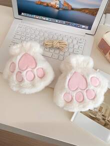 ROMWE Kawaii 1 Pair Plush Cat Paw Fingerless Gloves, Suitable For Daily Wear - White - View 3