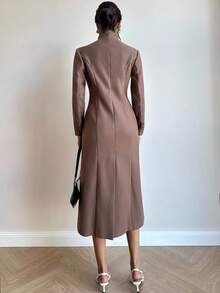 Firerie 女士优雅简约日常通勤都市时尚街头风教师休闲漏斗领纽扣腰部开衩长款大衣，秋冬女装 - 棕色 - 查看 9