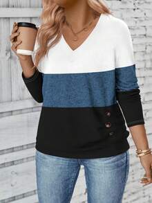EMERY ROSE Women's V-Neck Contrast Color Block Plus Size T-Shirt, Autumn/Winter - Multicolor - View 3