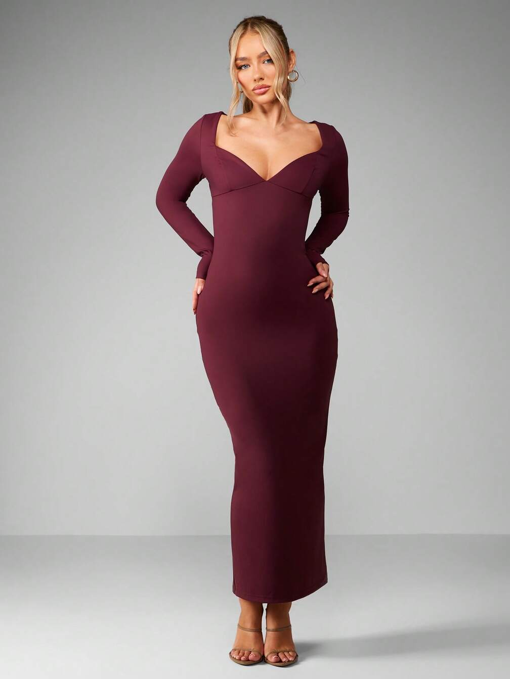 maroon bodycon long sleeve dress Louanne Slinky Long Sleeve Maxi Dress / Burgundy | MESHKI