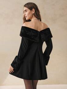 INAWLY Elegant Solid Color Fur Collar Off-Shoulder Dress, Autumn/Winter - Black - View 3
