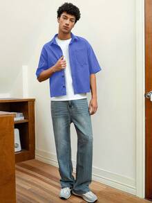 SWAVVY 男士休闲宽松短袖梭织衬衫，日常穿着 - 藍色 - 查看 3