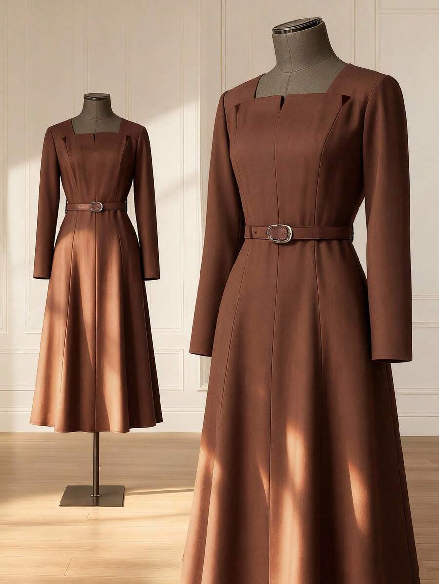 GlowEve 女士优雅通勤巧克力棕色方领褶饰金属扣腰带修身 A 字型鱼尾连衣裙 - 巧克力棕 - 查看 1
