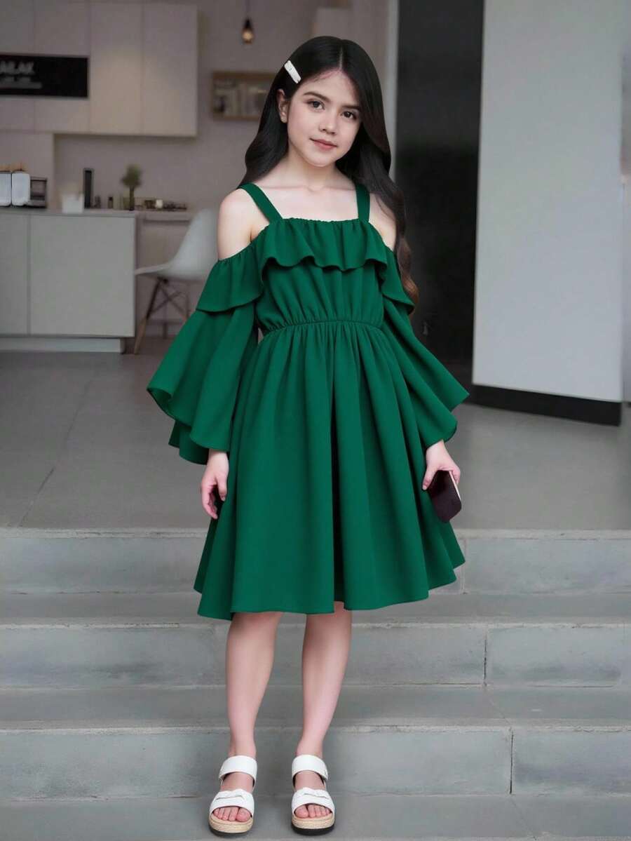 SHEIN Vestido de niña preadolescente con mangas abullonadas, volantes y falda acampanada en unicolor - Verde - Ver 1