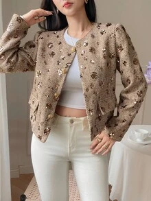 DAZY 女士花卉亮片装饰圆领长袖优雅开衫，适合秋冬季节穿着，可作外套或大衣 - 金色 - 查看 6