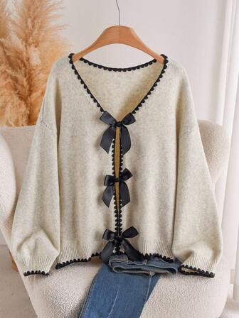 CosyJoli Plus Size V-Neck Contrast Trim Bow Decor Elegant Long Sleeve Cardigan