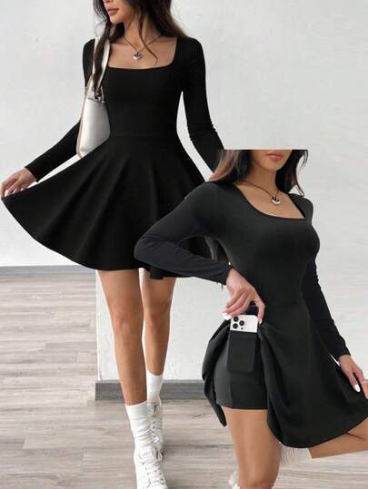 SHEIN Tween Girls Black Knit Mini Dress, Autumn/Winter