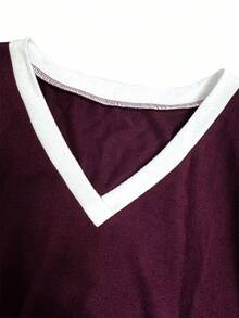 EMERY ROSE 女式 V 领长袖 T 恤，畅销撞色领子，褶皱侧边设计，秋冬 - 彩色 - 查看 3