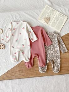3pcs Newborn Baby Boys/Girls Soft & Comfortable Thin Floral Print Zipper Jumpsuit Set, Long Sleeve Romper & Pants, Casual Outfit For Autumn/Winter - Multicolor - View 2