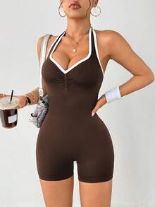 Dewbera Women's Backless Halter Neck Seamless Romper Yoga Romper Tummy Control Romper Fitness Romper Sporty Romper - Coffee Brown - View 6