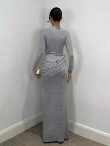 SHEIN BAE 优雅女士长袖连衣裙，带有金属装饰，适合日常穿着、约会、郊游、夜总会、派对和聚会 - 淺灰色 - 查看 2