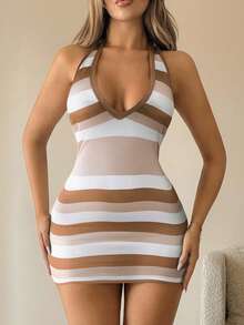 SHEIN ICON Women's Striped Deep V-Neck Backless Mini Dress - Multicolor - View 4