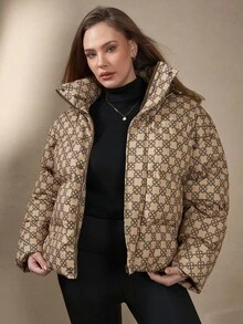 Chikora Plus Size Women Floral Pattern Long Sleeve Fashionable Thick Hooded Padded Coat Women's Winter Fall For Women Fall For Women Halloween Costumes Christmas Women's New Year Thanksgiving For Women Outerwear Women Coats For Women Women Winter Coats Women Puffer Coat Coats For Women Luxury For Women - Khaki - View 4