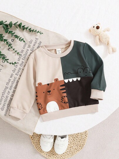 SHEIN Perso Play Toddler Boys' Colorblock Cartoon Animal Print Crew Neck Long Sleeve Sweatshirt, Cute & Casual, Suitable For Outdoor, Autumn/Winter