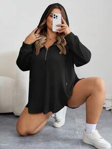 SHEIN CURVE+ Curves Plus Size/Chool Clothes/Back To School Clothes /Back To SchoolPlus Size Pink Half Zip Sweatshirt Pullover Sweatshirt, Suitable For Autumn Plus Size Sweatshirts Women Plus Size Sweatshirts 8xl Women Clothes 6xl Plus Womans Clothes Women Curve Plus Clothing, Fall Clothes For Womenfall Clothes For Women, Winter, CURVE PLUS - Black - View 5