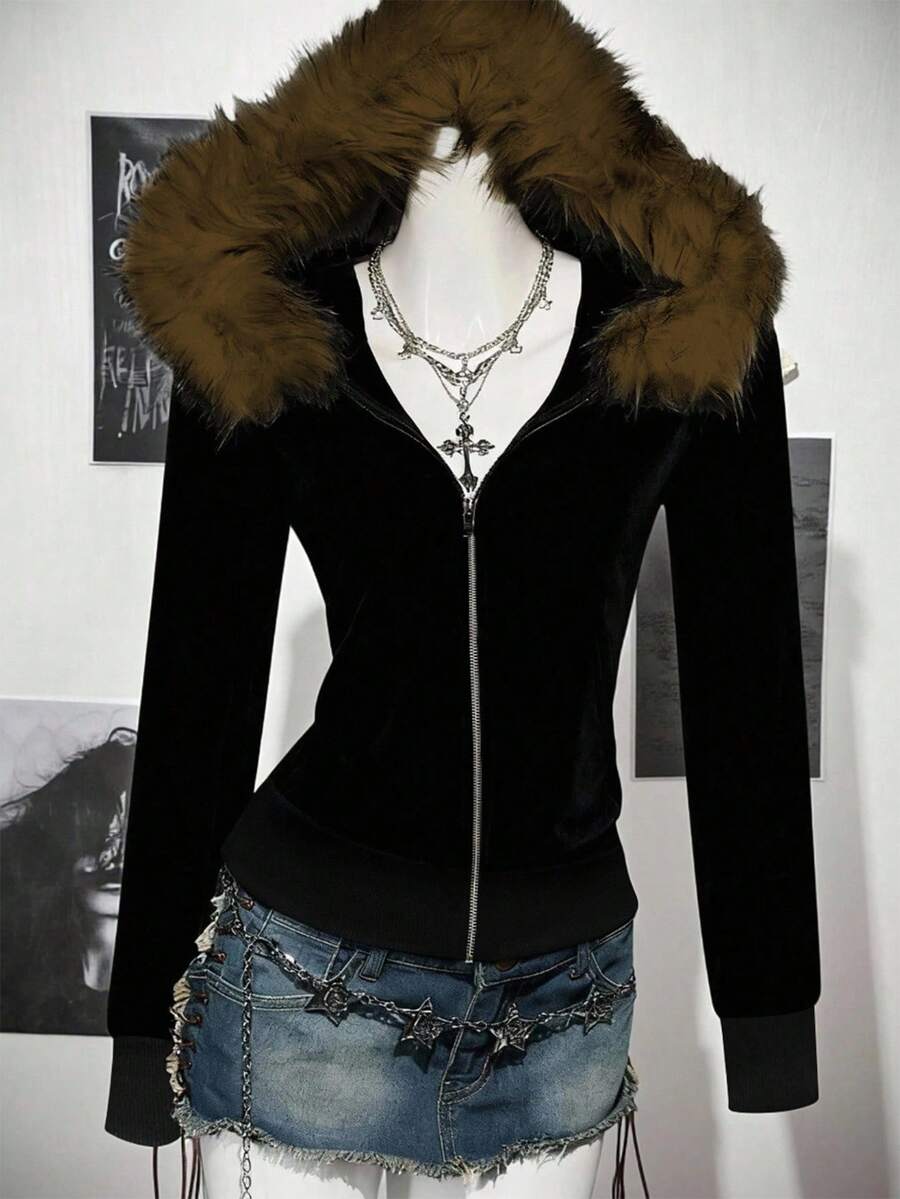 INAWLY 女式短款纯色人造毛皮拼接拉链连帽长袖运动衫 - 黑色 - 查看 1