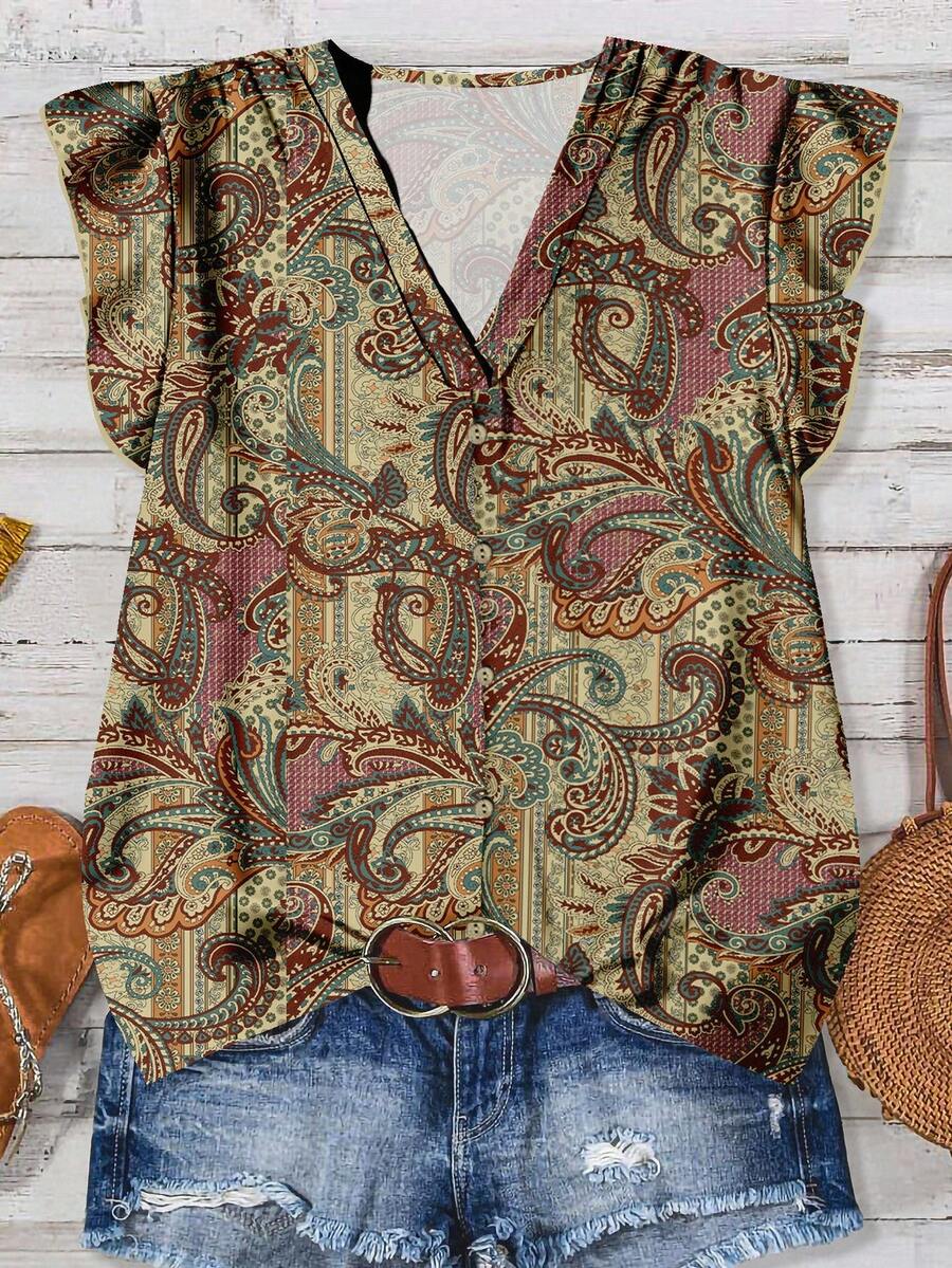 EMERY ROSE Women's Casual Flutter Sleeve Button V-Neck Blouse, Minimalist Mature Retro Floral Print Pattern, Comfortable For Spring/Autumn - Multicolor - View 1