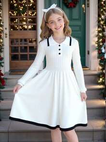 SHEIN Tween Girl Casual Fashion Versatile Cable Knit Contrast Trim Collared Long Sleeve Cinched Waist Sweater Dress, Suitable For Weekend, Casual Outing, Back To School, Suitable For Winter, Casual, Preppy, Cute & Casual & Vintage, Great For Autumn/Winter Casual, Daily Wear, School - White - View 1