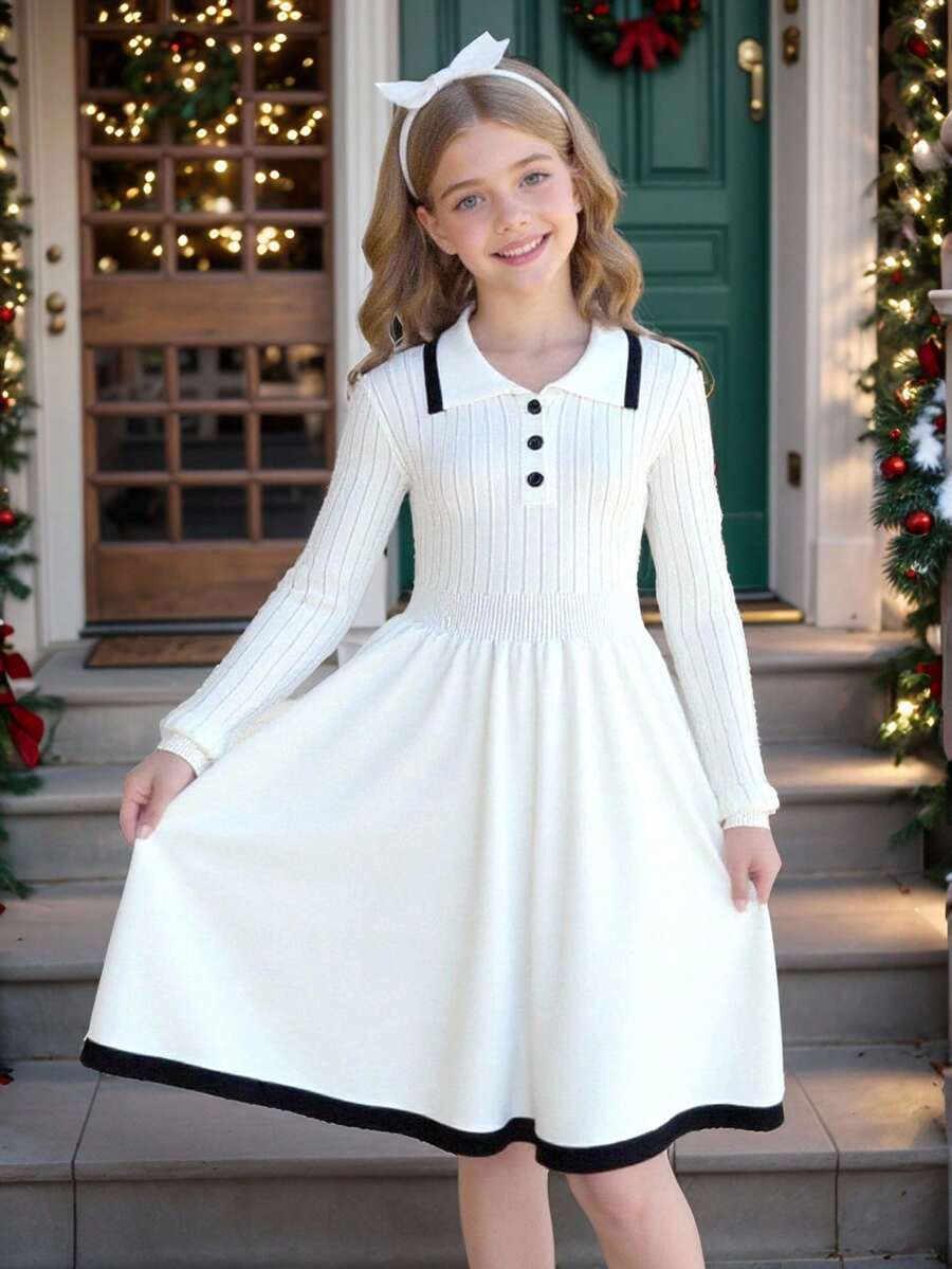 SHEIN Tween Girl Casual Fashion Versatile Cable Knit Contrast Trim Collared Long Sleeve Cinched Waist Sweater Dress, Suitable For Weekend, Casual Outing, Back To School, Suitable For Winter, Casual, Preppy, Cute & Casual & Vintage, Great For Autumn/Winter Casual, Daily Wear, School - White - View 1