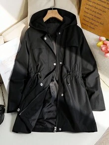 青少年女孩休闲时尚简约连帽长款抽绳腰部百搭夹克，适合春秋季日常穿着和外出 - 黑色 - 查看 1