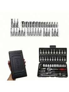 46 件棘轮扳手套装，男士工具套件，含六角扳手和套筒，工具箱，汽车机械工具，1/4 英寸驱动，公制，带延长杆，紧凑型多用途解决方案，适用于自行车和摩托车维护、汽车维修和家庭使用，钢板结构，预组装，手动，带储物盒 - 顏色款式隨機 - 查看 12