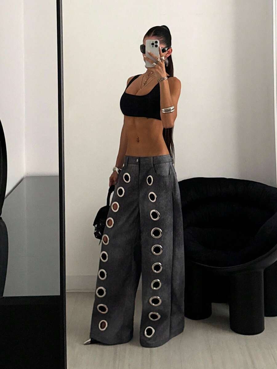 StreetHx 女士休闲街头 Y2K，Y2K 服装 Y2K 复古朋克哥特 2000 年代风格金属装饰做旧 PU 皮裤，秋冬