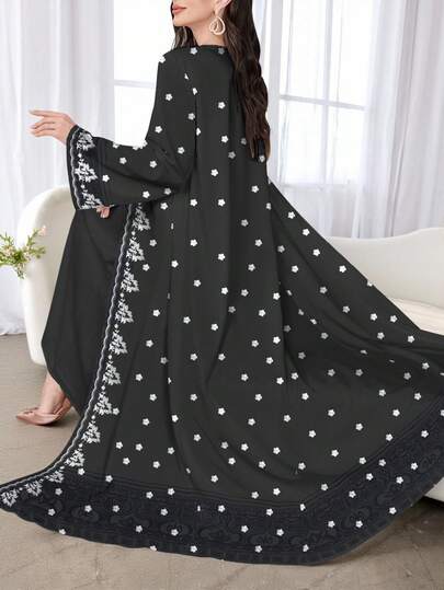 SHEIN Najma Women's Floral Print Long Sleeve Casual Arabic Abaya Robe, Spring/Autumn