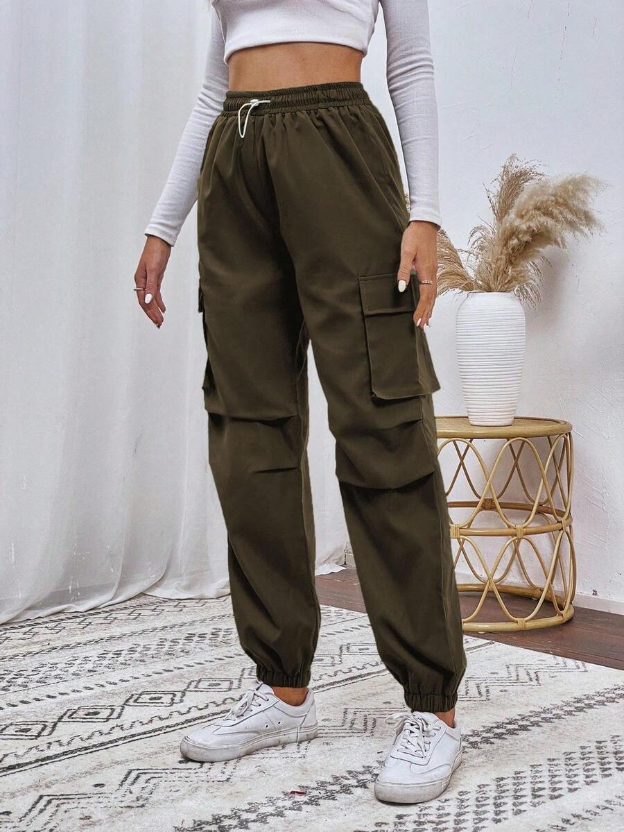 SHEIN Unity 女式纯色抽绳腰带口袋褶皱休闲哈伦裤 - 橄欖綠 - 查看 1