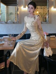 Đầm midi xếp tầng, thêu hoa đính sequin thanh lịch dành cho nữ. - trắng - Xem 3