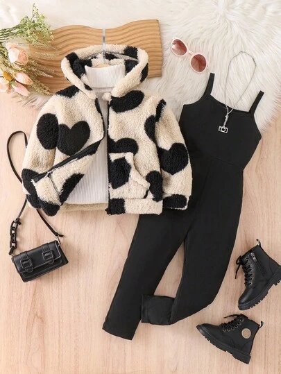 两件套女童爱心毛绒连帽开衫和连体裤套装，舒适针织罗纹连体裤，时尚有型，适合儿童秋冬季穿着