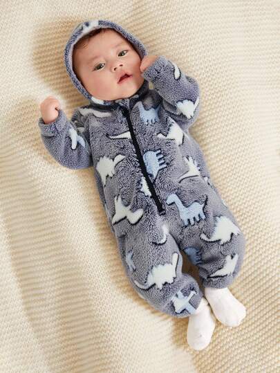 SHEIN Newborn Baby Girl Cute Cartoon Pattern Fluffy Hooded Jumpsuit, Autumn/Winter Dinosaur Newborn Baby Sleeper Dinosaur Baby Boy Clothes Baby Boy Fall Newborn Zipper Suit Dinosaur Winter Jumpsuit For Baby