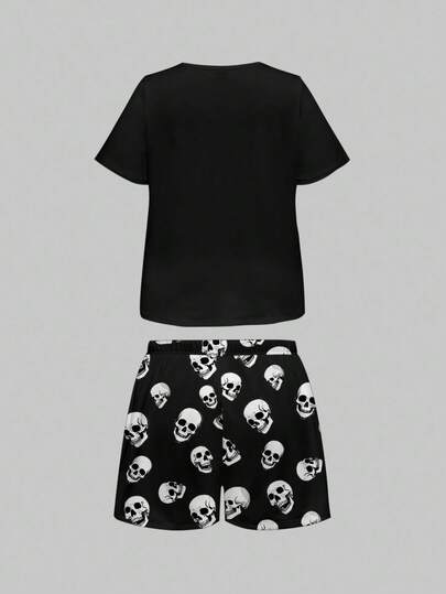 Goth Ensemble pyjama avec Top à manches courtes et short imprimé crâne gothique grande taille, tenue de détente décontracté