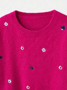 lacRébo Fluffy Relaxed Jumper With Embroidered Flowers Fall Women Clothes Autumn Outfits Fall Women Clothes Spring Summer Going Out Top Office Top - Hot Pink - View 9