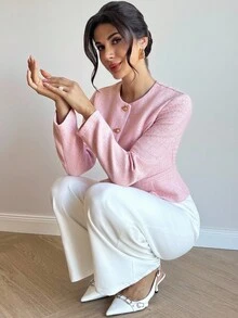 Firerie Áo khoác ngắn bằng len pha họa tiết cổ tròn, eo kim loại, viền chữ A, tay dài, thanh lịch, tinh tế, tối giản, lãng mạn dành cho nữ, thời trang đường phố đi làm và hẹn hò, màu hồng vào mùa thu/đông - Hồng - Xem 4