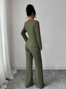 Elenzga 2pcs Women Asymmetrical Collar Cinched Waist Jacket And Straight Leg Pants Set, Elegant & Romantic - Army Green - View 2