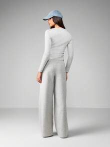 MISSGUIDED 舒适半开襟长袖露脐上衣和阔腿裤家居服套装，休闲冬季休闲装，秋季服装 - 灰色 - 查看 2