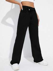 SHEIN EZwear 冬季加大码女式不对称腰身个性化时尚牛仔裤 - 黑色 - 查看 2
