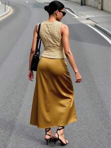 Maija Women's Plaid Single-Breasted Tweed Vest And Yellow Mustard Gold Satin Mini Skirt Set,Elegant Office Business Casual Autumn Suit Set - Multicolor - View 3
