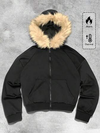 Street Life Sudadera con capucha de estilo corto y suelto con cremallera, cuello esponjoso y ribete de pelo, para hombre, ropa de calle, otoño/invierno