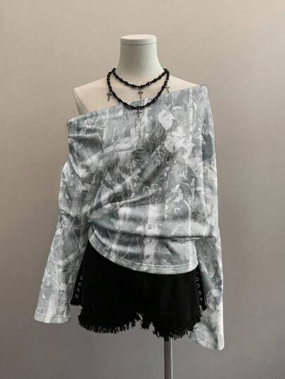 Attitoon 休闲街头风格水洗迷彩和树枝全身印花女式斜肩抽绳腰部运动衫，百搭复古性感可爱 Y2K 椰子女孩波西米亚嬉皮音乐节风格，适合秋冬