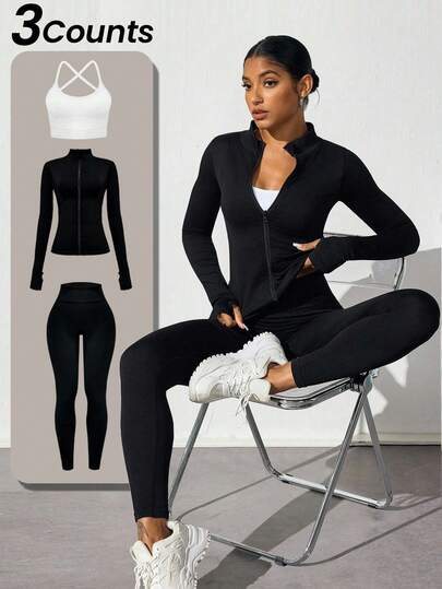 Easify SHEIN Sport Women's Solid Color Zip-Up Jacket & Pants Sports Suit Workout Women Set Women Leggings Set Gym Women Outfit