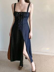 DAZY 女士系带无袖牛仔长裙，优雅女士夏季连衣裙