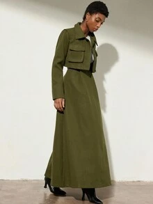 Aveloria Modichic 欧美风优雅高端翻领短款外套，配有大口袋，搭配长款百褶裙，女士两件套 - 軍綠色 - 查看 3