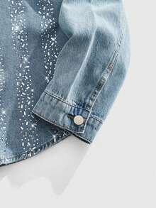 ROMWE MEN Street Life Men's Rhinestone Embellished Front Button Casual Long Sleeve Denim Shirt - Blue - View 3