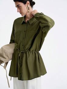 Aalyst Women's Elegant French Style Luxury Casual Shirt Dress, Minimalist Design, Suitable For Party, Vacation, Workplace, Lightweight, Solid Military Green, Shirt Collar, Front Opening, Pockets, Waist Drawstring, Flared Hem, Long Sleeve, Maxi Length, Spring/Autumn/Winter