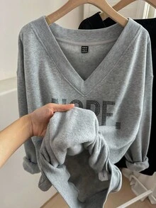 SHEIN 2pcs Tween Girls Casual Elegant V-Neck Oversized Loose Thermal Lined Long Sleeve Letter Print & Solid Color Pullover Sweatshirts, Black & Gray, Autumn/Winter - Multicolor - View 4