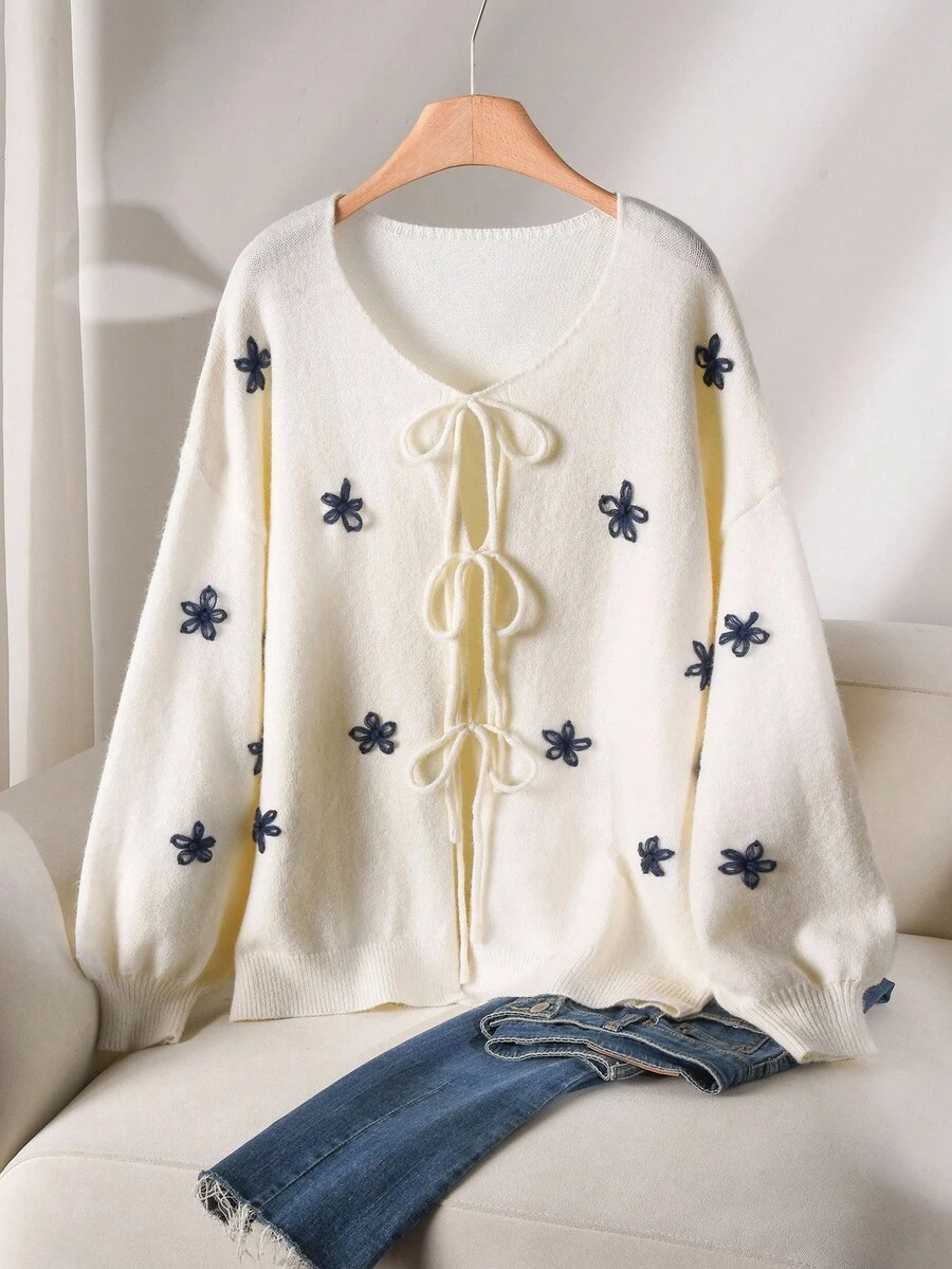 CosyJoli 大码女式花卉图案落肩宽松前系带开衫，秋冬休闲通勤装 - 杏色 - 查看 1