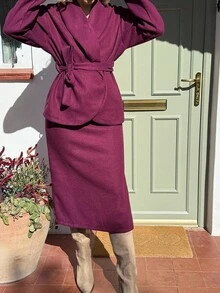 Vivie Lora Women's Elegant Solid Color Coat And Skirt 2 Pieces Set, Autumn/Winter Lounge Sets For Women - Purple - View 6
